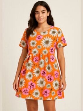 Zara Orange Floral Midi Dress with Pink & White Daisies